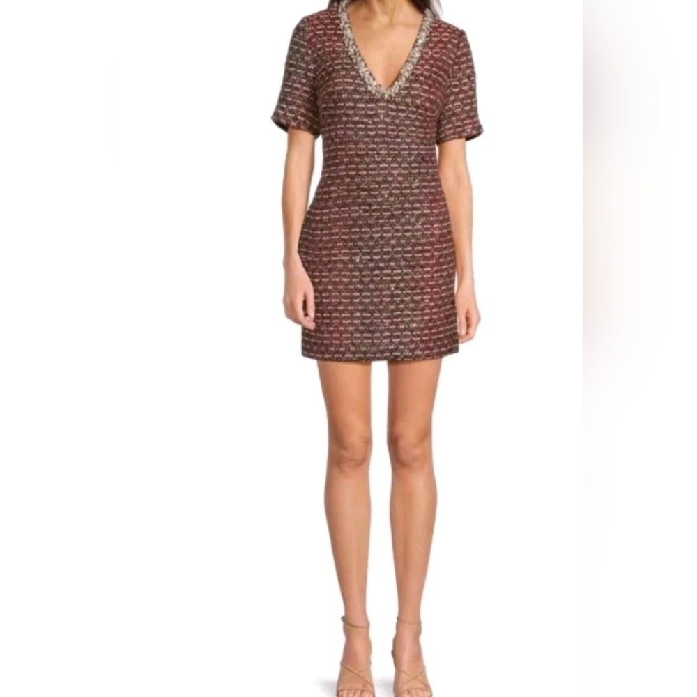 MILLY Size 8 Black Red Tweed Nyah Short Sleeve Embellished Mini Dress MSRP $450